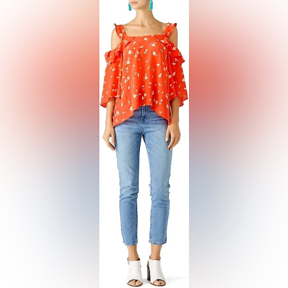 Shoshanna Bronwen Red Coral Floral Cold Shoulder Ruffle Silk Blouse Sz S Summer